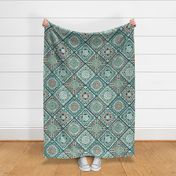 Cozy Granny Squares Diagonal- Victorian Greenhouse- Bohemian Spring- Coral- Teal- Green- White- Vintage Lace- Boho Crochet- Gender Neutral Nursery Wallpaper- Large