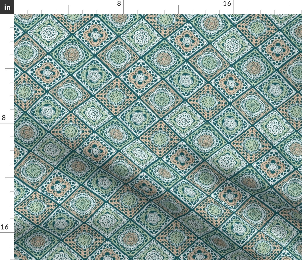 Cozy Granny Squares Diagonal- Victorian Greenhouse- Bohemian Spring- Coral- Teal- Green- White- Vintage Lace- Boho Crochet- Gender Neutral Nursery Wallpaper- Mini