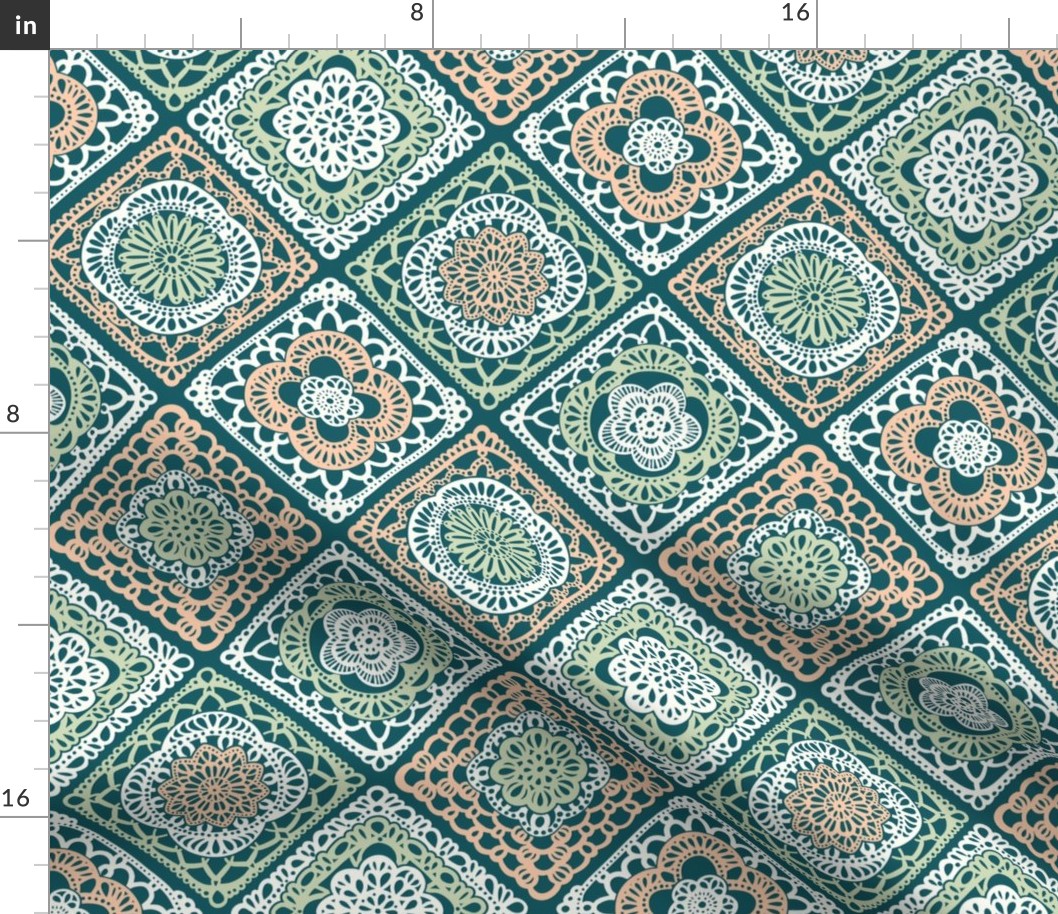 Cozy Granny Squares Diagonal- Victorian Greenhouse- Bohemian Spring- Coral- Teal- Green- White- Vintage Lace- Boho Crochet- Gender Neutral Nursery Wallpaper- Small