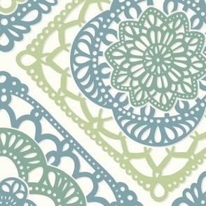 Cozy Granny Squares Diagonal- Victorian Greenhouse- Bohemian Spring- Teal and Green on White- Vintage Lace- Boho Crochet- Gender Neutral Nursery Wallpaper- Large