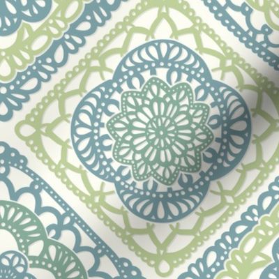 Cozy Granny Squares Diagonal- Victorian Greenhouse- Bohemian Spring- Teal and Green on White- Vintage Lace- Boho Crochet- Gender Neutral Nursery Wallpaper- Medium