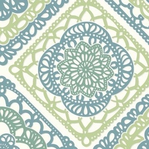 Cozy Granny Squares Diagonal- Victorian Greenhouse- Bohemian Spring- Teal and Green on White- Vintage Lace- Boho Crochet- Gender Neutral Nursery Wallpaper- Medium