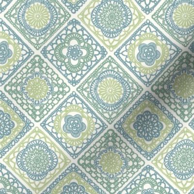 Cozy Granny Squares Diagonal- Victorian Greenhouse- Bohemian Spring- Teal and Green on White- Vintage Lace- Boho Crochet- Gender Neutral Nursery Wallpaper- Mini