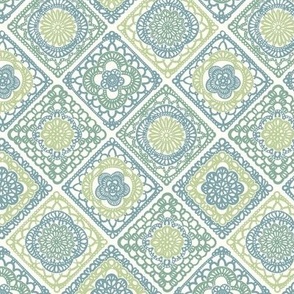 Cozy Granny Squares Diagonal- Victorian Greenhouse- Bohemian Spring- Teal and Green on White- Vintage Lace- Boho Crochet- Gender Neutral Nursery Wallpaper- Mini