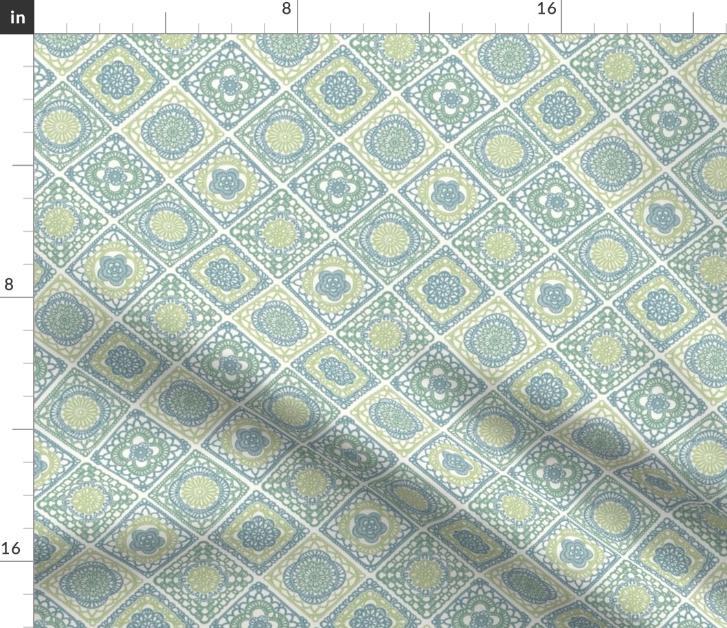 Cozy Granny Squares Diagonal- Victorian Greenhouse- Bohemian Spring- Teal and Green on White- Vintage Lace- Boho Crochet- Gender Neutral Nursery Wallpaper- Mini