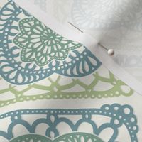 Cozy Granny Squares Diagonal- Victorian Greenhouse- Bohemian Spring- Teal and Green on White- Vintage Lace- Boho Crochet- Gender Neutral Nursery Wallpaper- Small