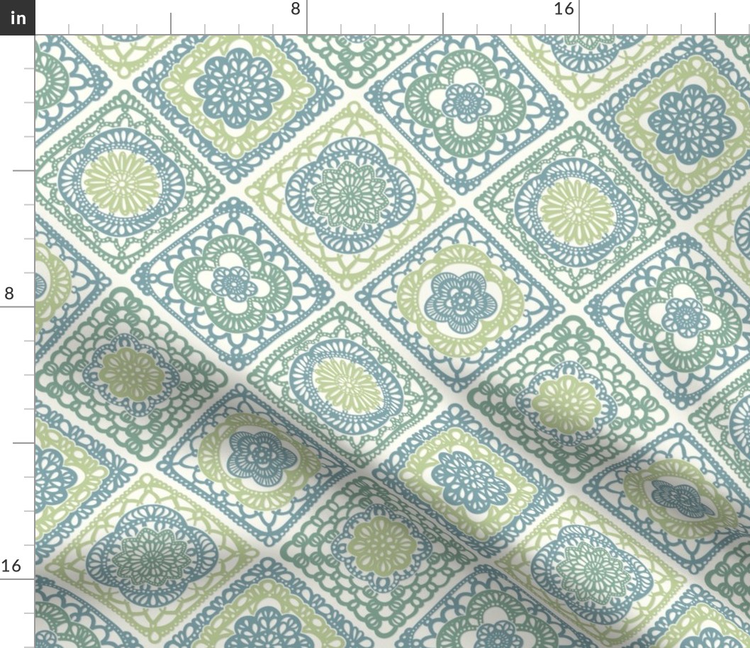 Cozy Granny Squares Diagonal- Victorian Greenhouse- Bohemian Spring- Teal and Green on White- Vintage Lace- Boho Crochet- Gender Neutral Nursery Wallpaper- Small