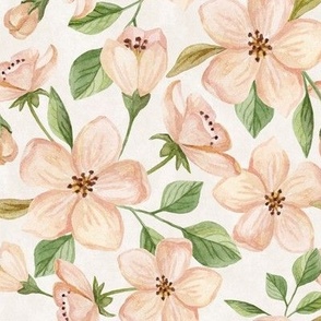 Cute beige and blush flowers and buds watercolor. Cherry blossoms