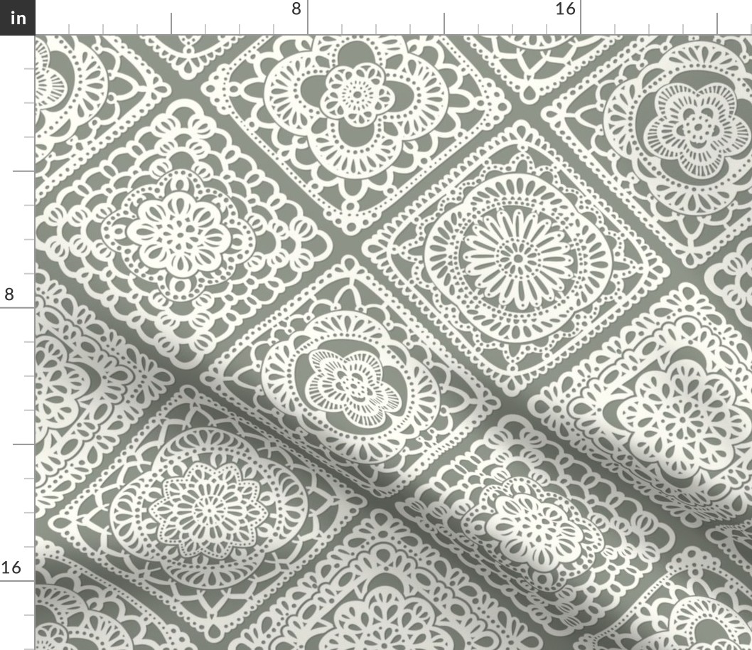 Cozy Granny Squares Diagonal- Sage Green- Olive Green- Calming Neutral- White- Lace- Crochet- Medium