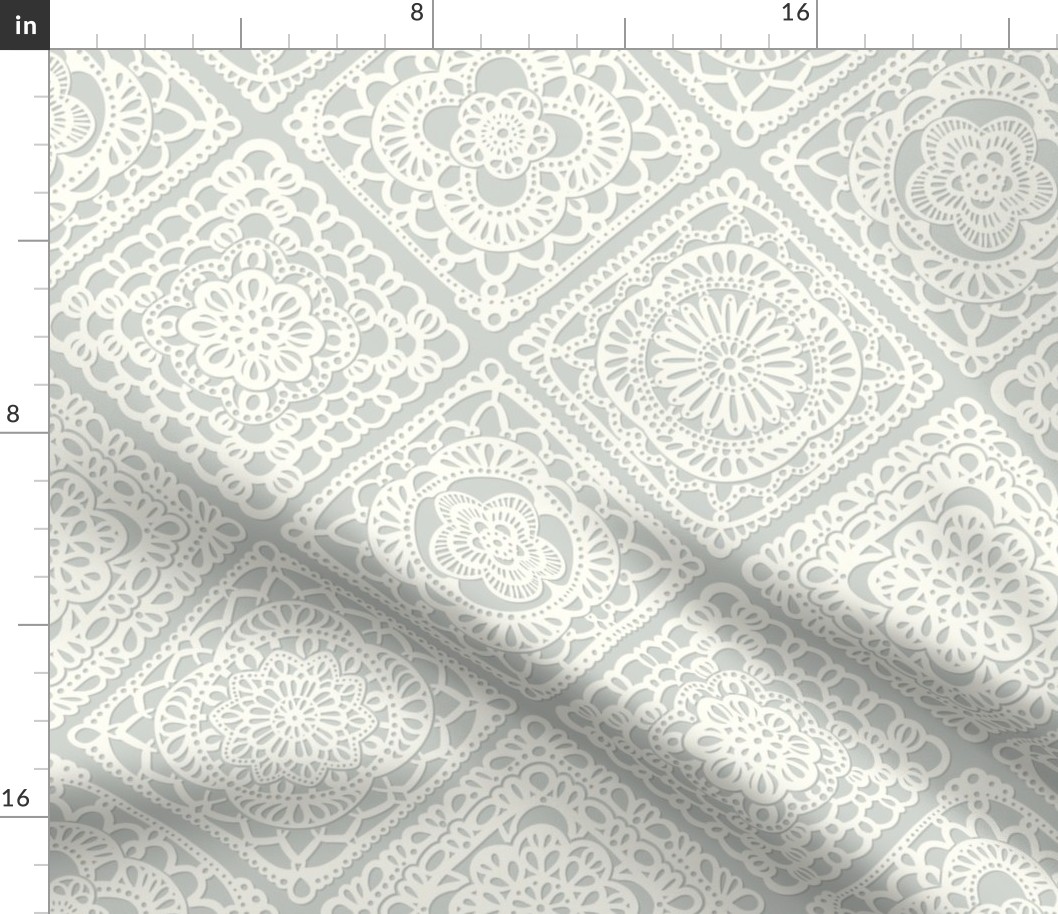 Cozy Granny Squares Diagonal- Pastel Sage Green- Calming Neutral- White- Lace- Crochet - Medium