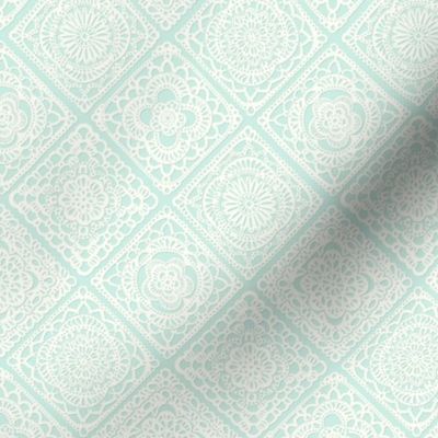 Cozy Granny Squares Diagonal- Pastel Acqua- turquoise Blue- Calming Neutral- White- Lace- Crochet - Mini