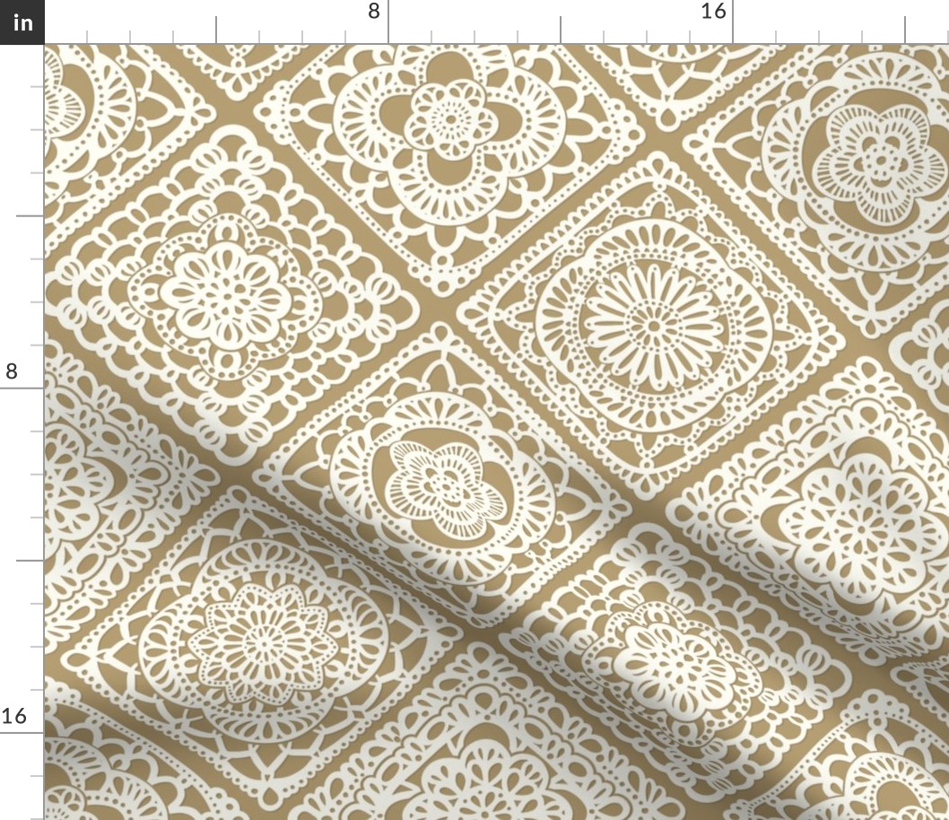 Cozy Granny Squares Diagonal- Ocher- Ochre- Mustard- Calming Neutral- White- Lace- Crochet -Medium