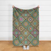 Cozy Granny Squares Diagonal - Vintage California Desert - Multicolor on Dark Green Background - Bohemian Lace - Boho Crochet -Extra Large