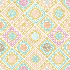 Cozy Granny Squares Diagonal - Vintage California Desert - Multicolor on White Background - Bohemian Lace - Boho Crochet - Small
