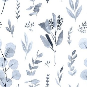 Lineal Eucalyptus Leaves Botanical pattern - Blue and White
