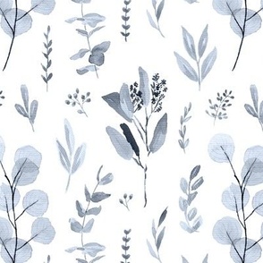 Lineal Eucalyptus Leaves Botanical pattern - Blue and White