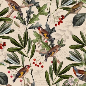 Vintage Autumn Branches Leaves and colorful  antique birds, Antique bird, Fall fabric,  beige