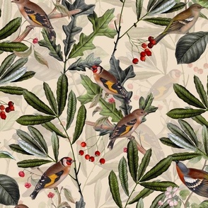 Vintage Autumn Branches Leaves and colorful  antique birds, Antique bird, Fall fabric,  beige double layer