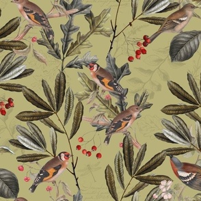 Vintage Autumn Branches Leaves and colorful  antique birds, Antique bird, Fall fabric, Sage green