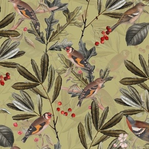 Vintage Autumn Branches Leaves and colorful  antique birds, Antique bird, Fall fabric,  Sage green double layer