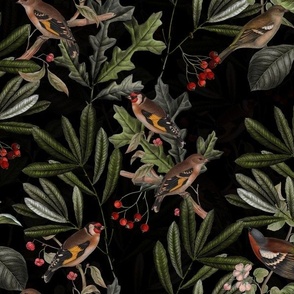 Vintage Autumn Branches Leaves and colorful  antique birds, Antique bird, Fall fabric,   black