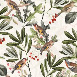 Vintage Autumn Branches Leaves and colorful  antique birds, Antique bird, Fall fabric, Off white double layer