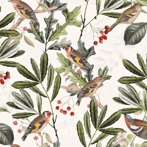 Vintage Autumn Branches Leaves and colorful  antique birds, Antique bird, Fall fabric,  Off White 