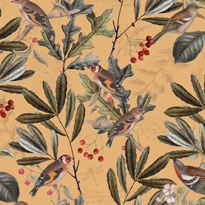 Vintage Autumn Branches Leaves and colorful  antique birds, Antique bird, Fall fabric,  Orange