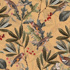 Vintage Autumn Branches Leaves and colorful  antique birds, Antique bird, Fall fabric,  Orange double layer