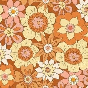 Retro Mod Flowers - Small Scale - Dark Orange Background Groovy Hippy Hippies 60s 70s