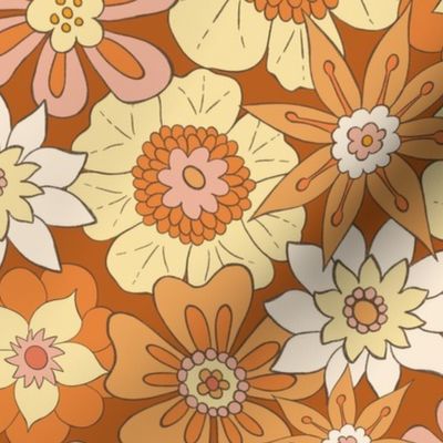 Retro Mod Flowers - Medium Scale - Dark Orange Background Groovy Hippy Hippies 60s 70s