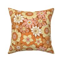 Retro Mod Flowers - Medium Scale - Dark Orange Background Groovy Hippy Hippies 60s 70s