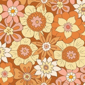 Retro Mod Flowers - Medium Scale - Dark Orange Background Groovy Hippy Hippies 60s 70s