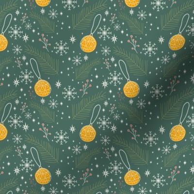 Small Scale- Green Christmas Pattern with Fir Branches Baubles Snowflakes