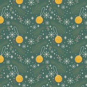 Small Scale- Green Christmas Pattern with Fir Branches Baubles Snowflakes