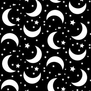 Moon and Stars Halloween Fabric Pattern Black and White-01