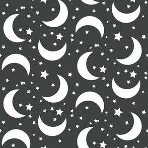 Moon and Stars Halloween Fabric Pattern Dark Grey-01