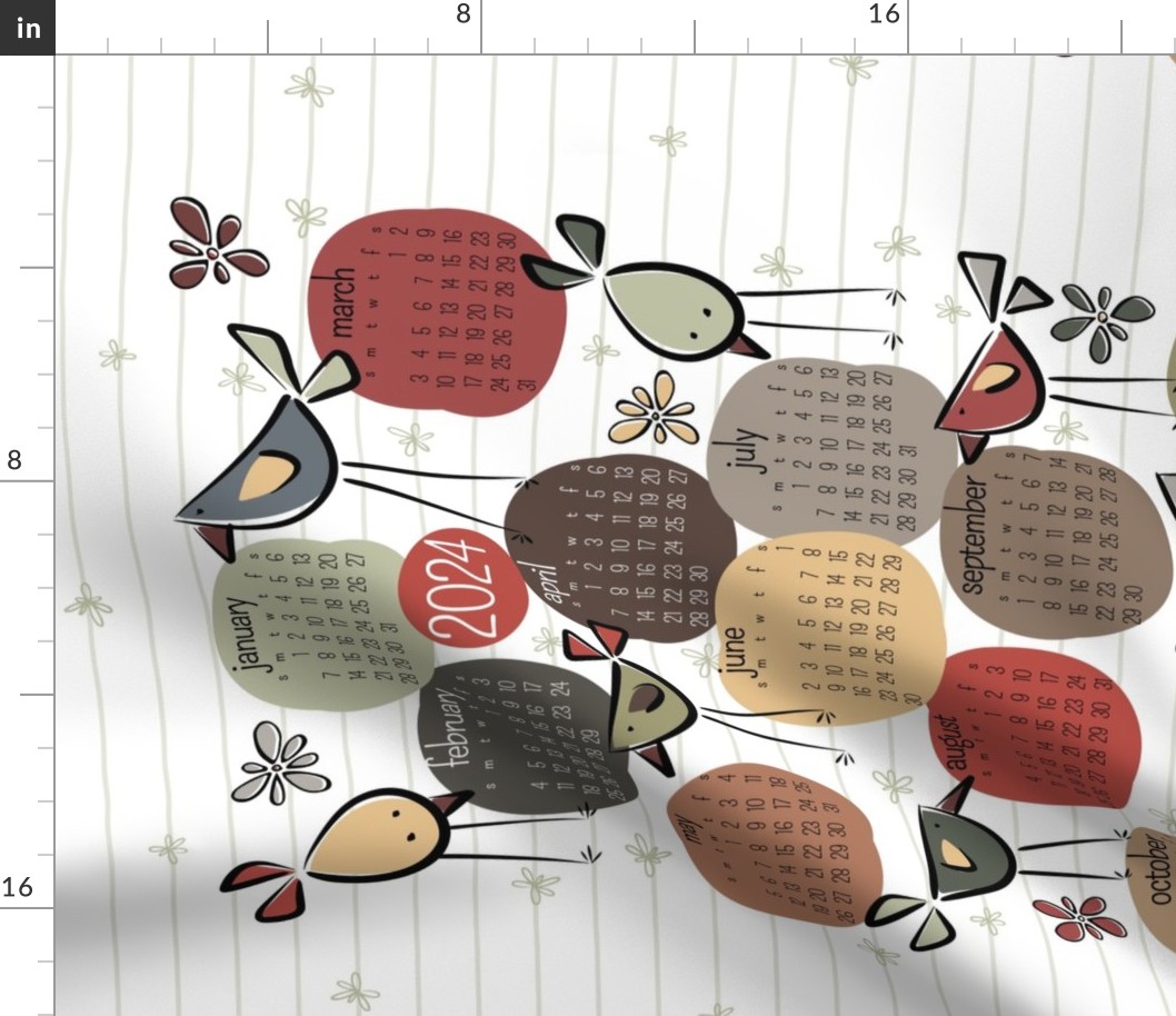 bird calendar 2024 - funny birds garden party - earthy colors - tea towel and wall hanging