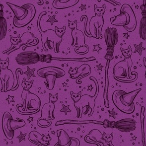 Cats, Brooms, and Hats on Purple