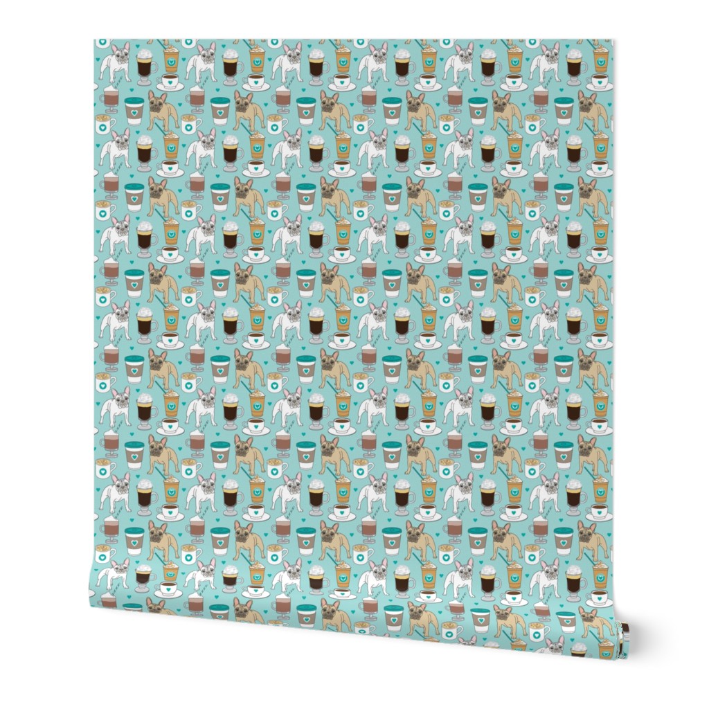 large French Bulldogs and coffee drinks on teal