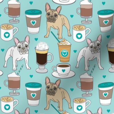 large French Bulldogs and coffee drinks on teal