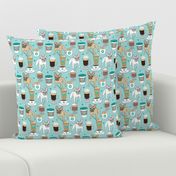 large French Bulldogs and coffee drinks on teal