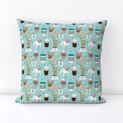 large French Bulldogs and coffee drinks on teal