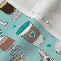 large French Bulldogs and coffee drinks on teal