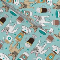 large French Bulldogs and coffee drinks on teal