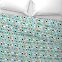 large French Bulldogs and coffee drinks on teal
