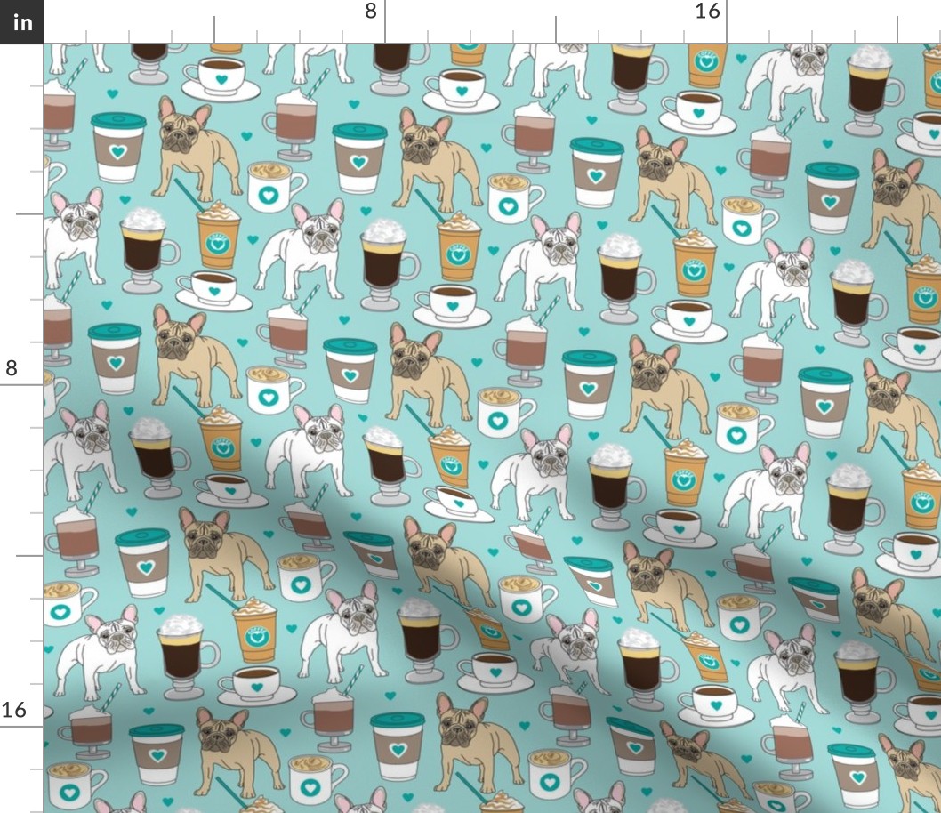 large French Bulldogs and coffee drinks on teal