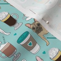 medium French Bulldogs and coffee drinks on teal