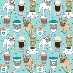 medium French Bulldogs and coffee drinks on teal