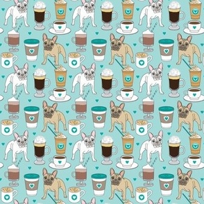 small French Bulldogs and coffee drinks on teal